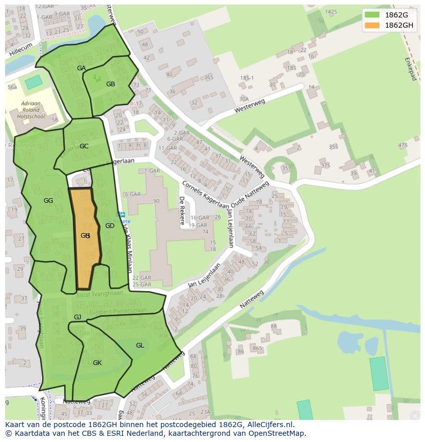 Afbeelding van het postcodegebied 1862 GH op de kaart.