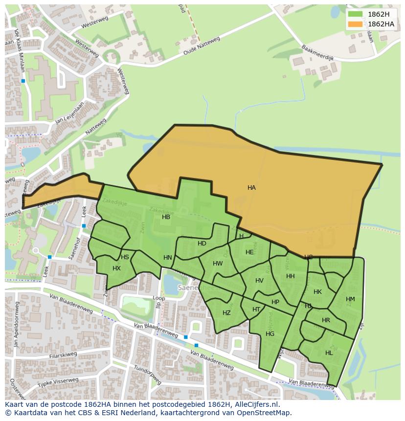 Afbeelding van het postcodegebied 1862 HA op de kaart.