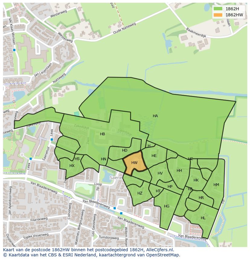 Afbeelding van het postcodegebied 1862 HW op de kaart.