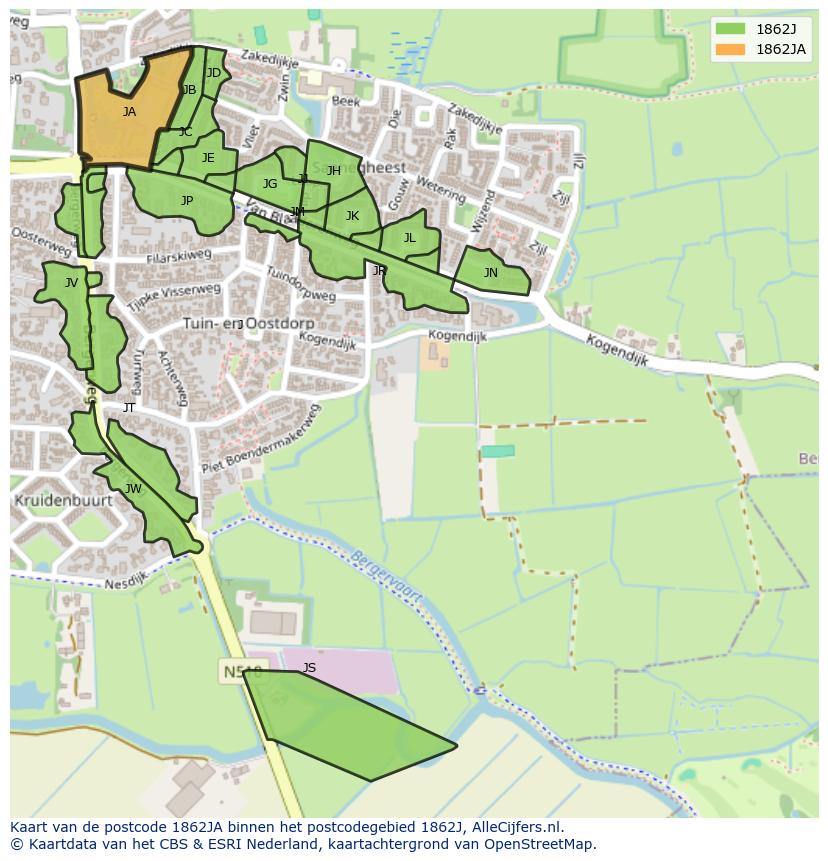 Afbeelding van het postcodegebied 1862 JA op de kaart.