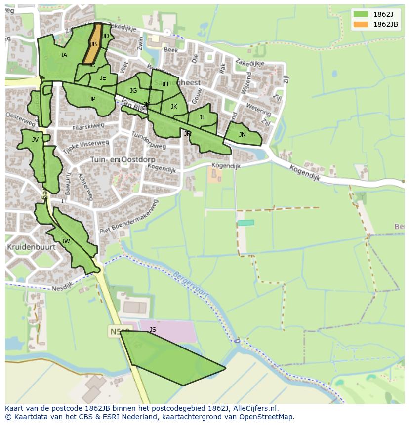 Afbeelding van het postcodegebied 1862 JB op de kaart.