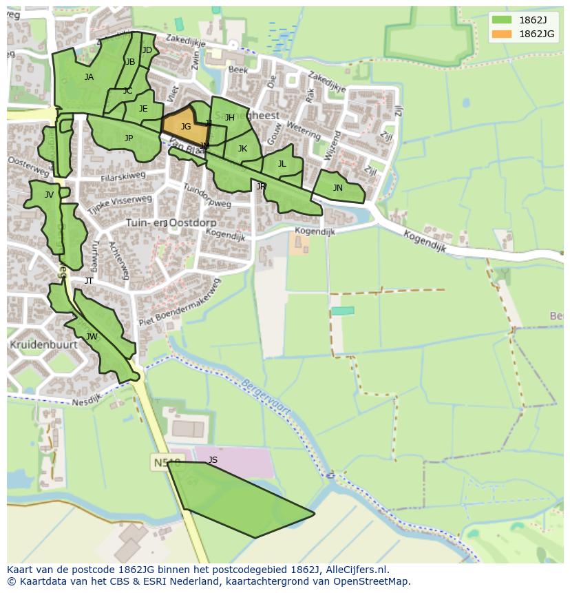 Afbeelding van het postcodegebied 1862 JG op de kaart.