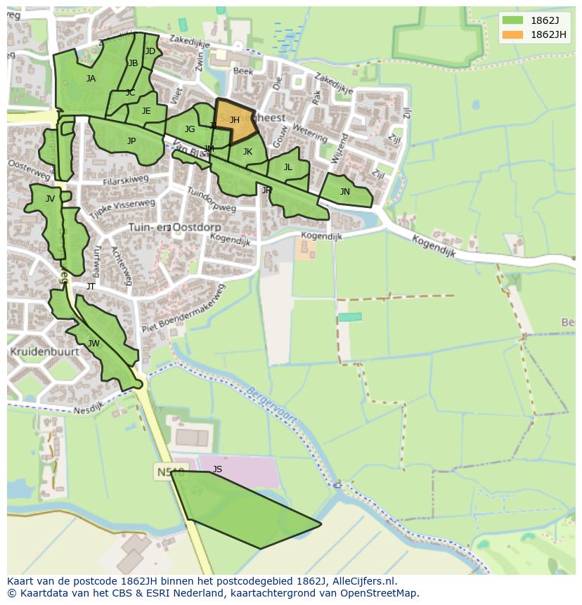 Afbeelding van het postcodegebied 1862 JH op de kaart.