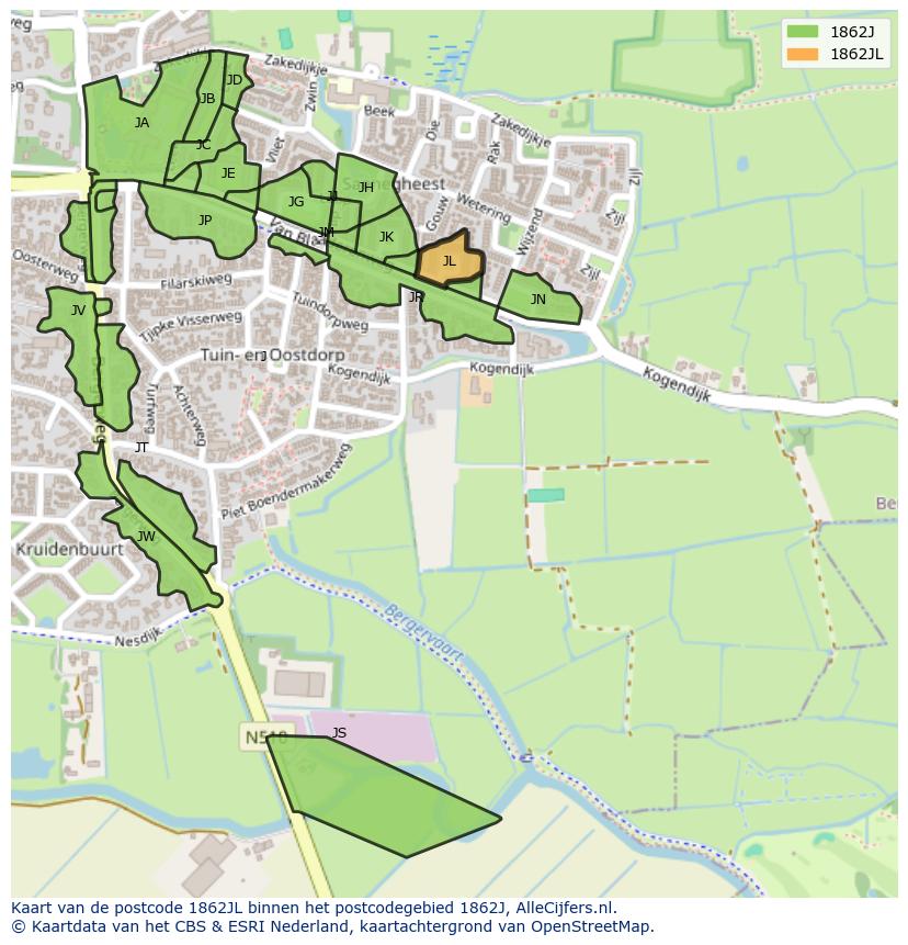 Afbeelding van het postcodegebied 1862 JL op de kaart.