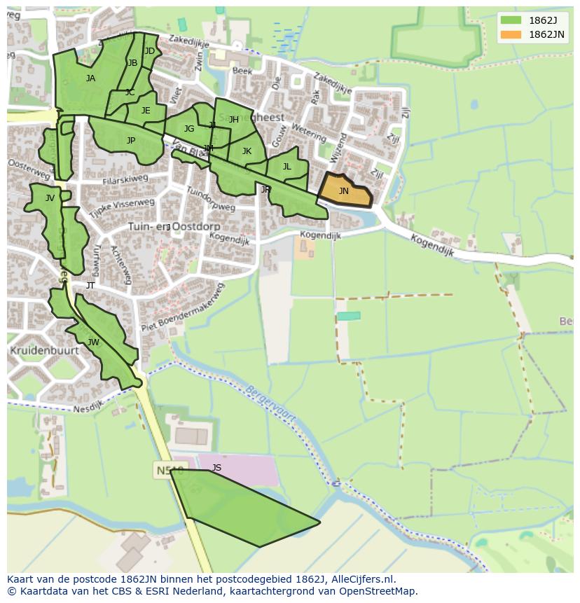 Afbeelding van het postcodegebied 1862 JN op de kaart.