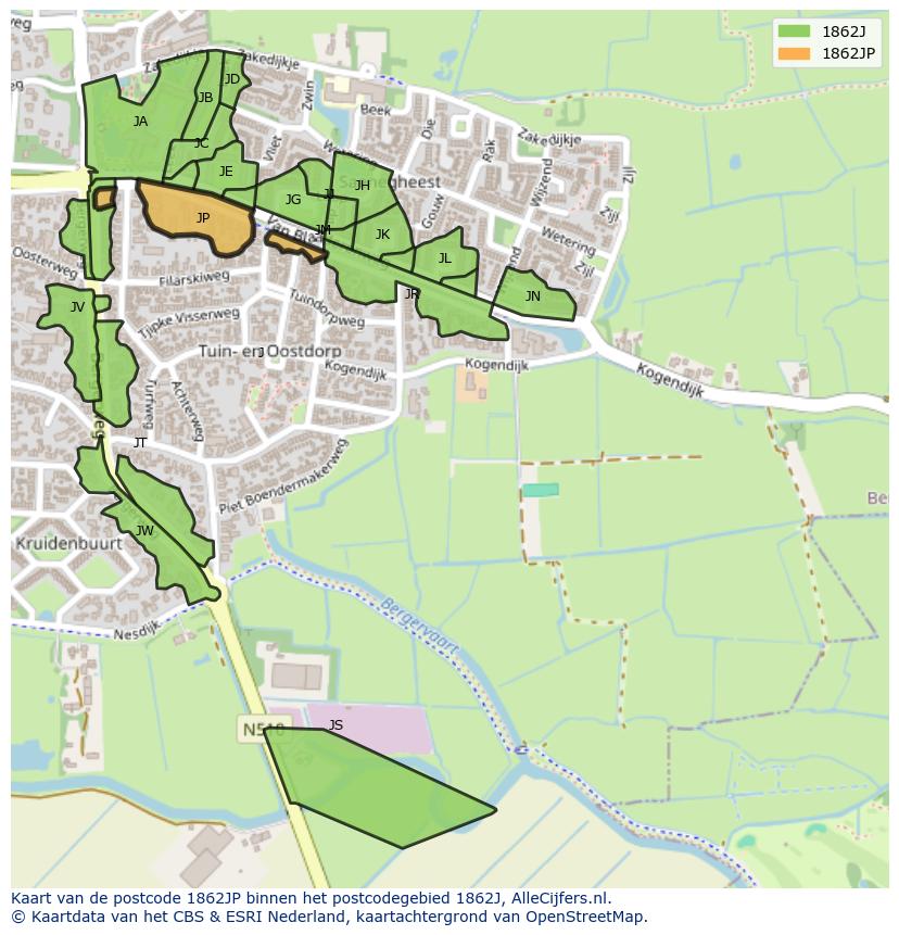 Afbeelding van het postcodegebied 1862 JP op de kaart.