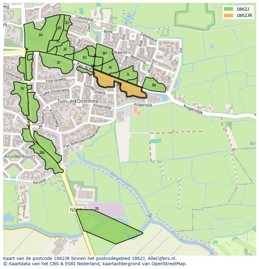 Afbeelding van het postcodegebied 1862 JR op de kaart.