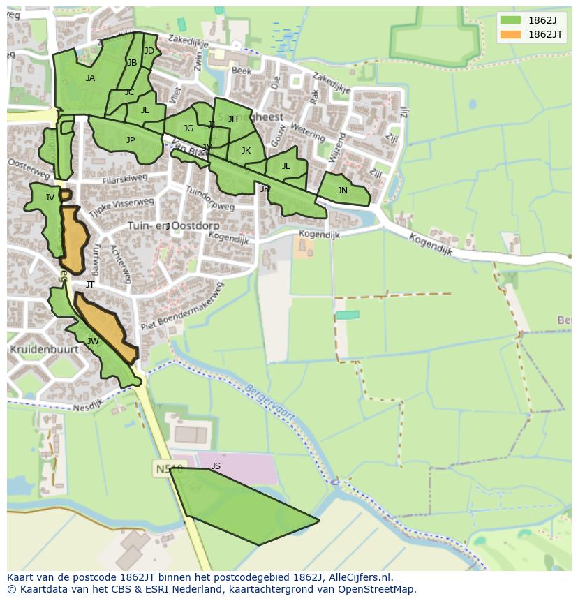 Afbeelding van het postcodegebied 1862 JT op de kaart.