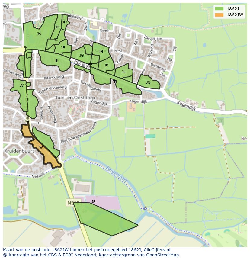 Afbeelding van het postcodegebied 1862 JW op de kaart.