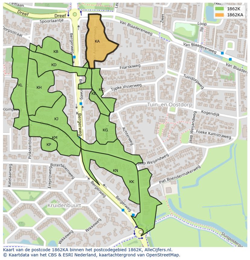 Afbeelding van het postcodegebied 1862 KA op de kaart.