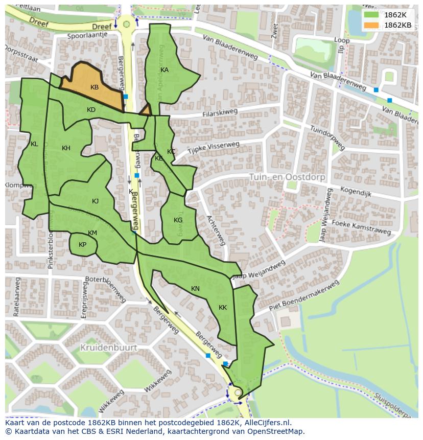 Afbeelding van het postcodegebied 1862 KB op de kaart.