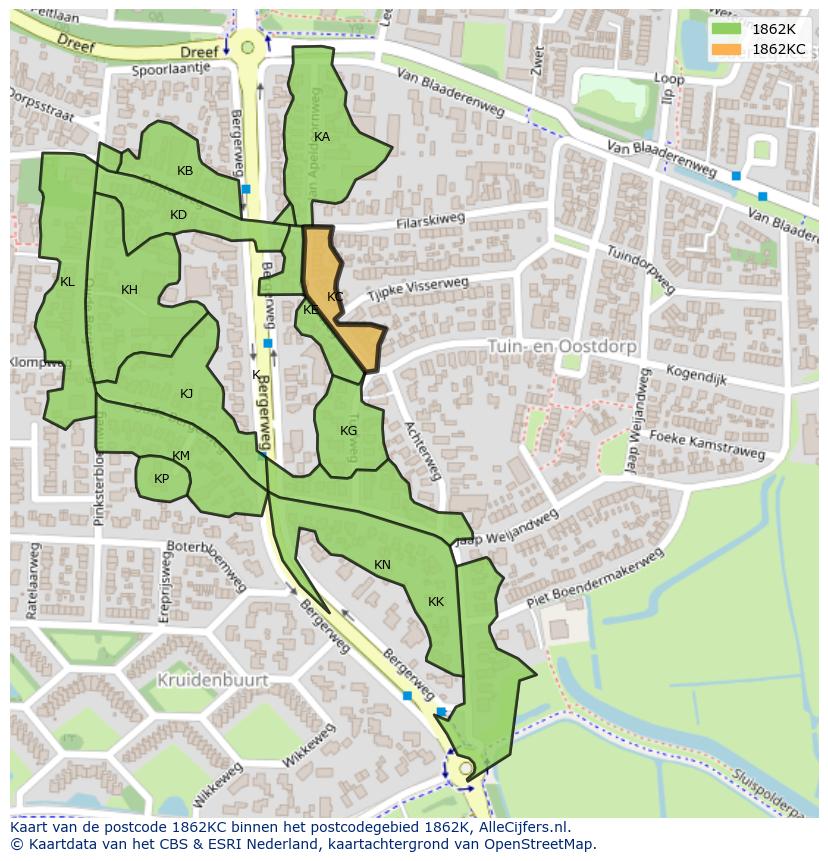 Afbeelding van het postcodegebied 1862 KC op de kaart.