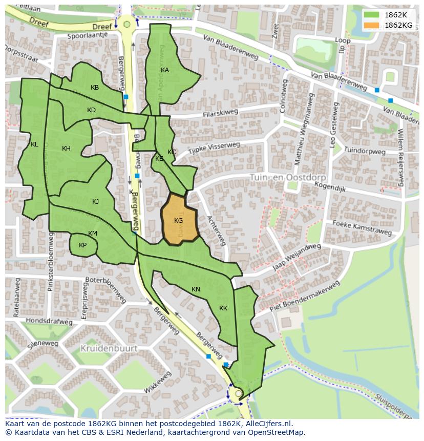 Afbeelding van het postcodegebied 1862 KG op de kaart.