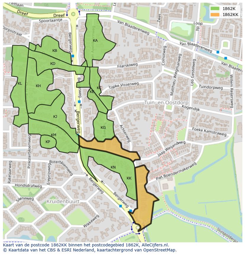 Afbeelding van het postcodegebied 1862 KK op de kaart.