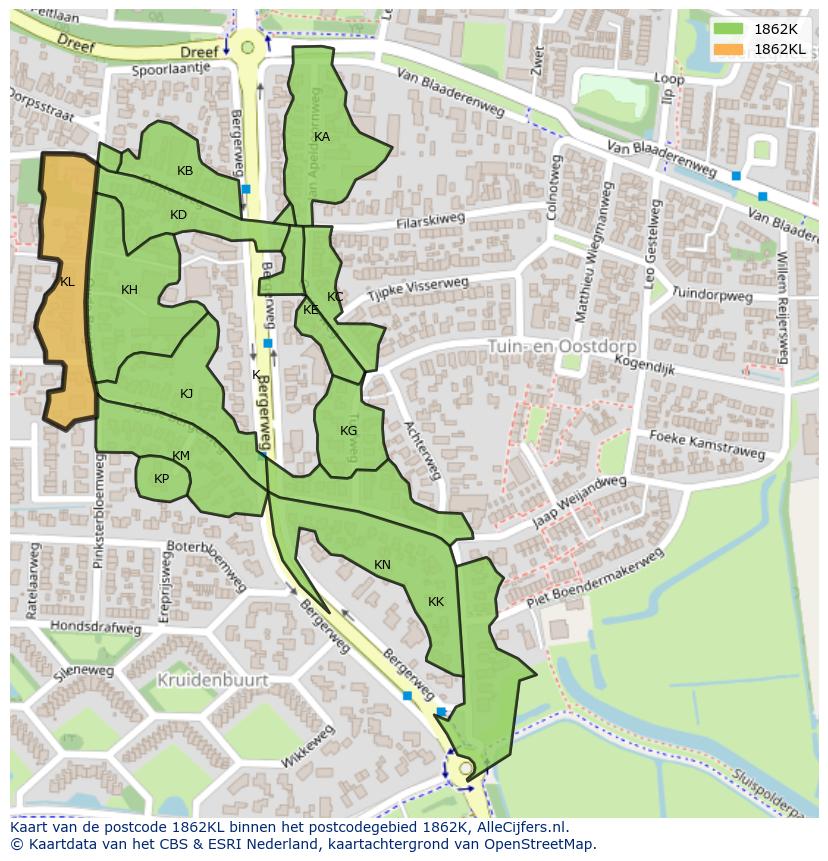 Afbeelding van het postcodegebied 1862 KL op de kaart.