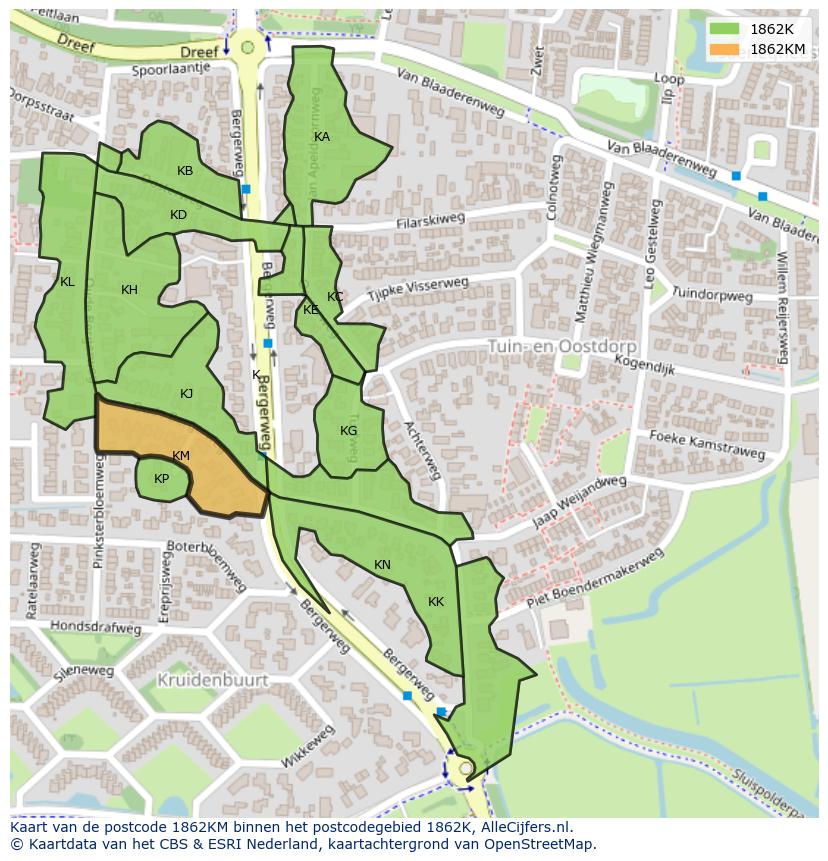 Afbeelding van het postcodegebied 1862 KM op de kaart.