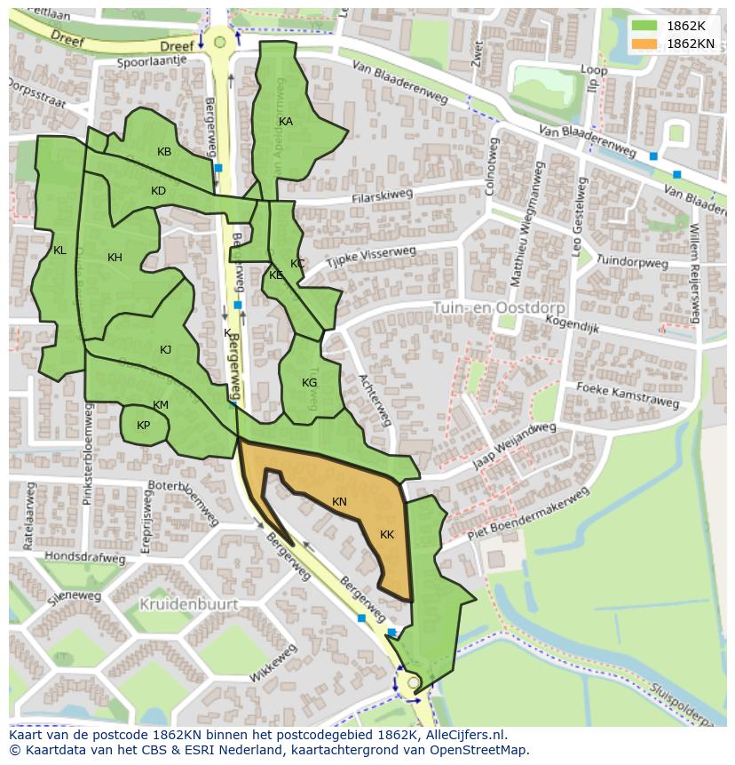 Afbeelding van het postcodegebied 1862 KN op de kaart.