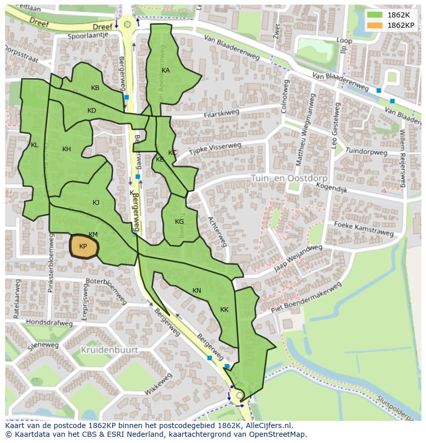 Afbeelding van het postcodegebied 1862 KP op de kaart.