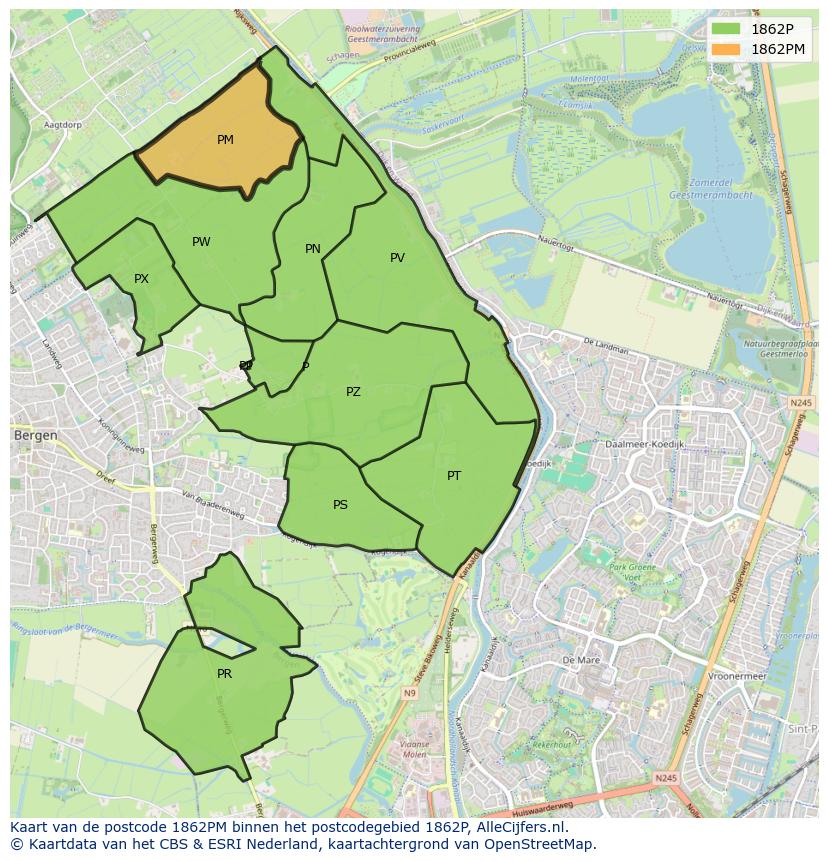 Afbeelding van het postcodegebied 1862 PM op de kaart.