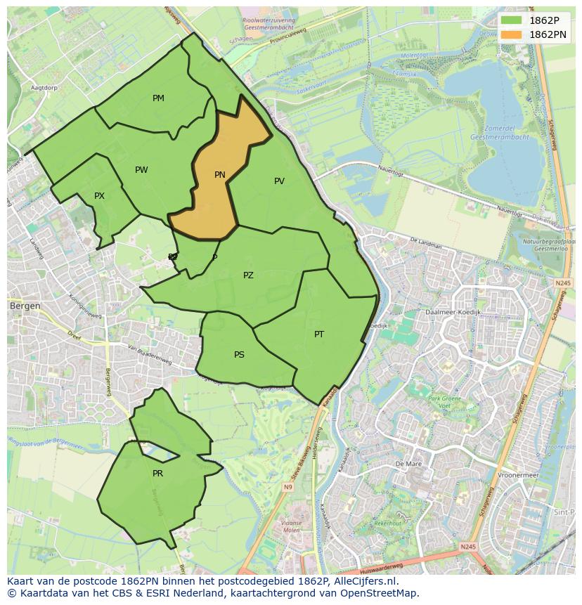 Afbeelding van het postcodegebied 1862 PN op de kaart.