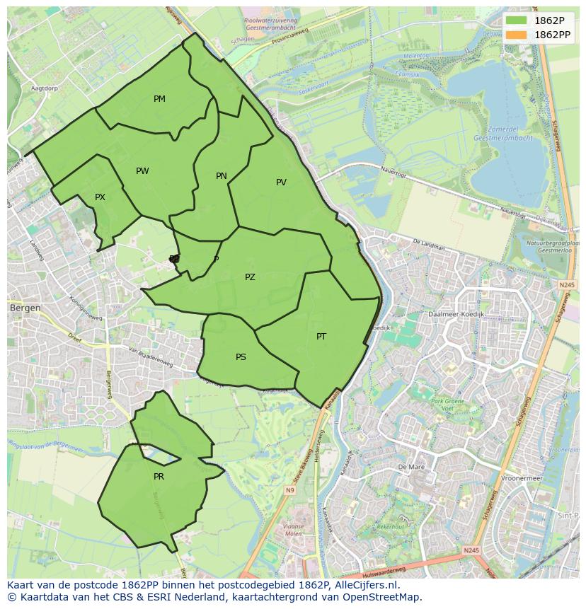 Afbeelding van het postcodegebied 1862 PP op de kaart.
