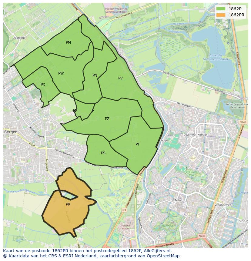 Afbeelding van het postcodegebied 1862 PR op de kaart.