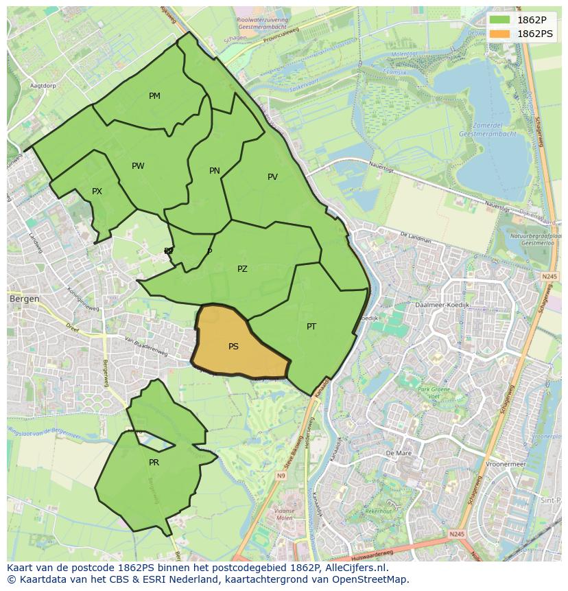Afbeelding van het postcodegebied 1862 PS op de kaart.