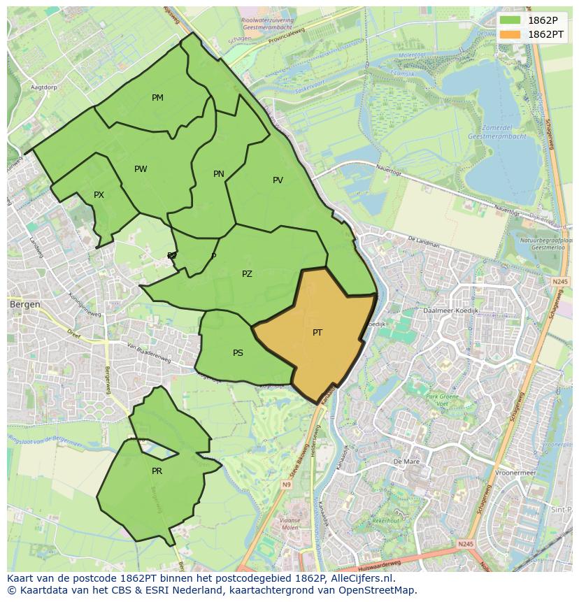 Afbeelding van het postcodegebied 1862 PT op de kaart.