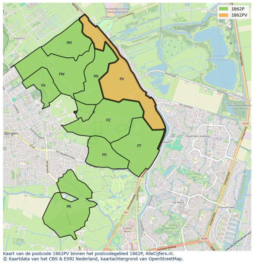 Afbeelding van het postcodegebied 1862 PV op de kaart.