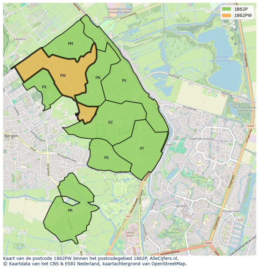Afbeelding van het postcodegebied 1862 PW op de kaart.