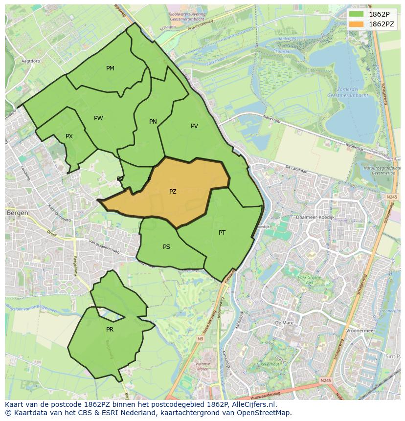 Afbeelding van het postcodegebied 1862 PZ op de kaart.