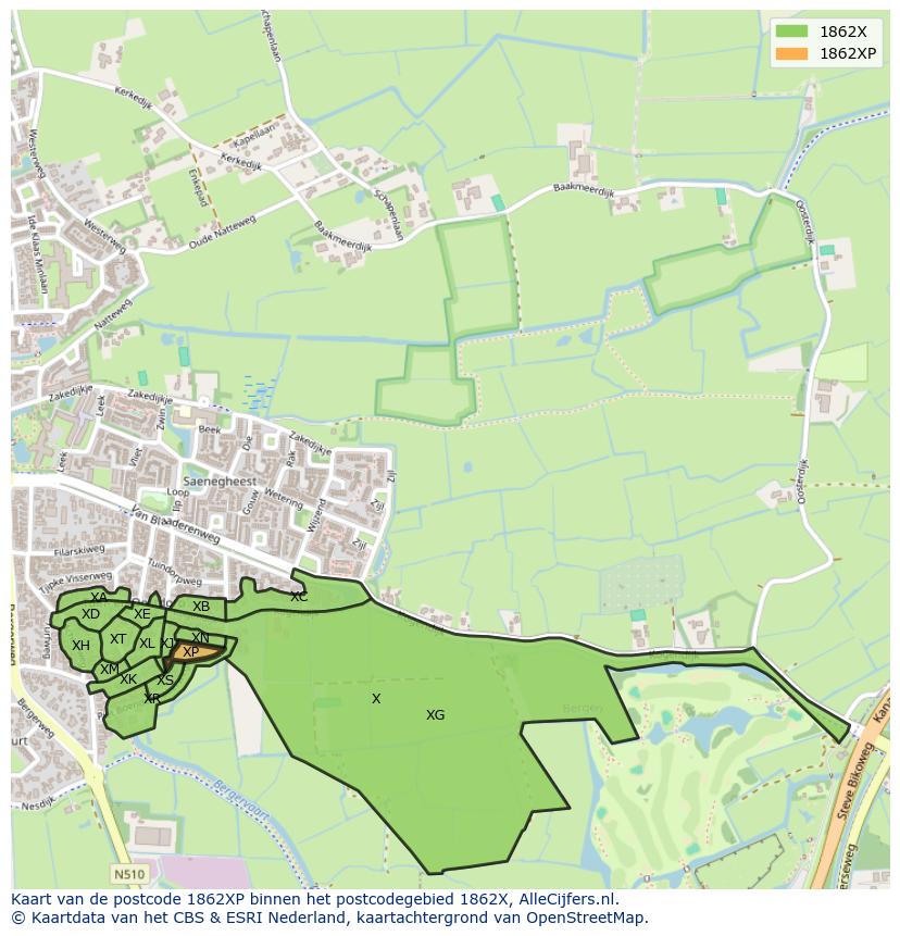 Afbeelding van het postcodegebied 1862 XP op de kaart.