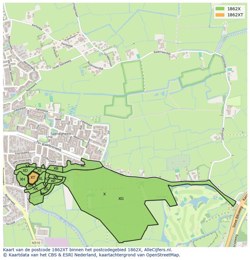 Afbeelding van het postcodegebied 1862 XT op de kaart.