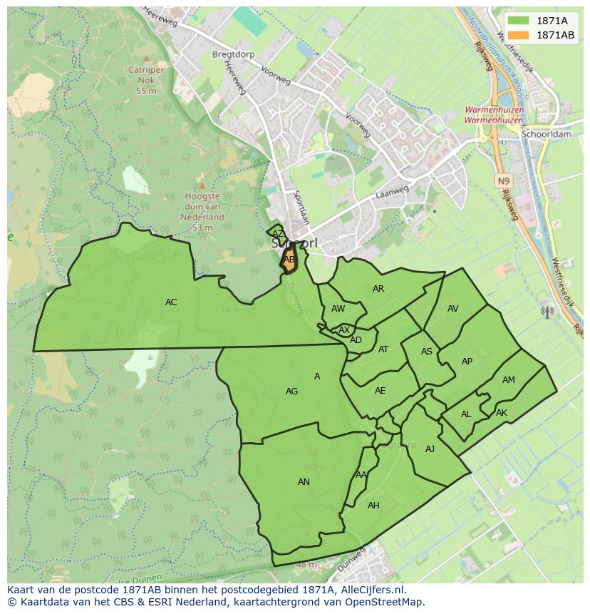 Afbeelding van het postcodegebied 1871 AB op de kaart.