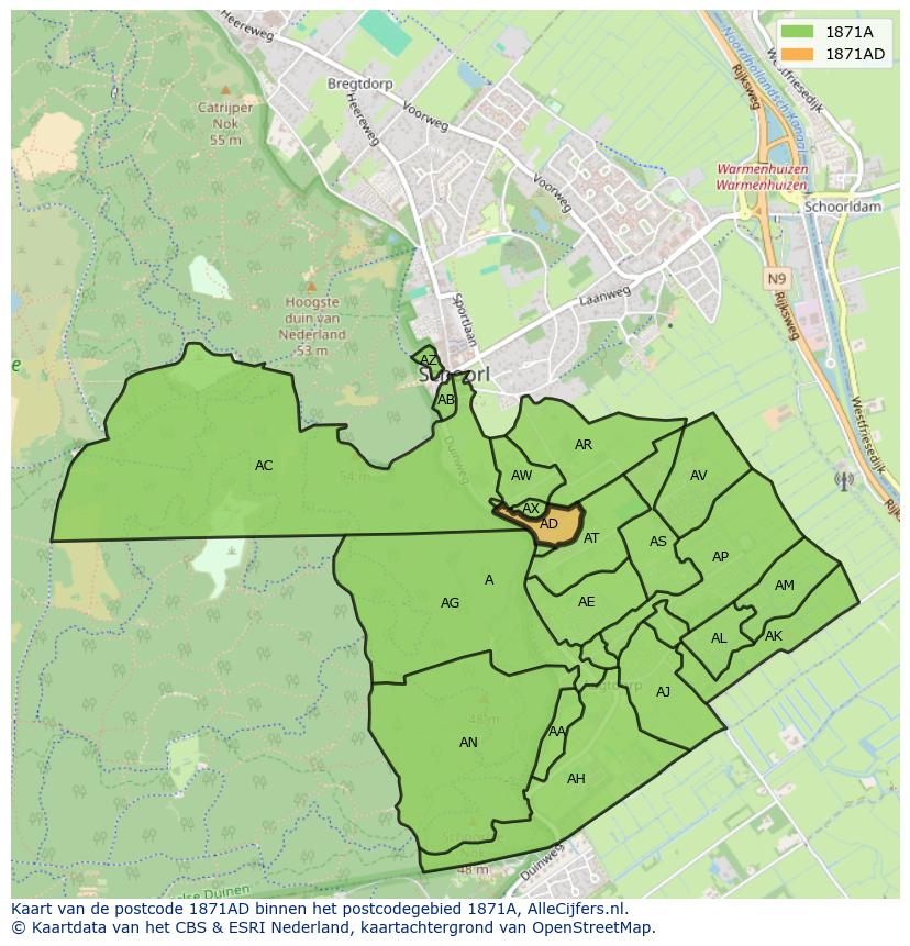 Afbeelding van het postcodegebied 1871 AD op de kaart.