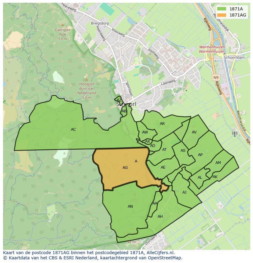 Afbeelding van het postcodegebied 1871 AG op de kaart.