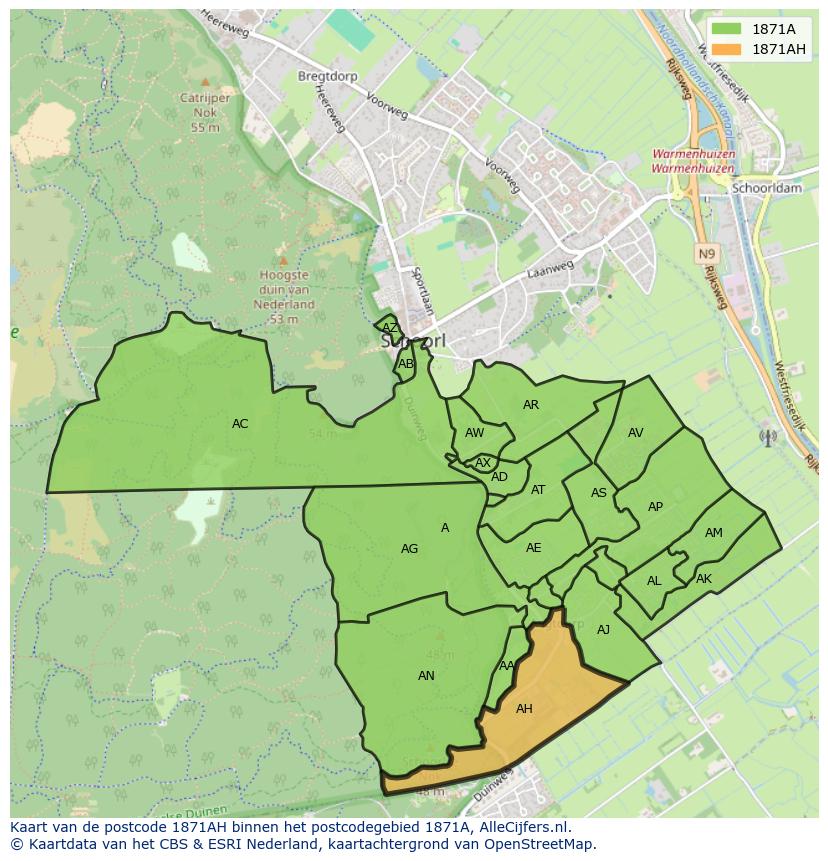 Afbeelding van het postcodegebied 1871 AH op de kaart.