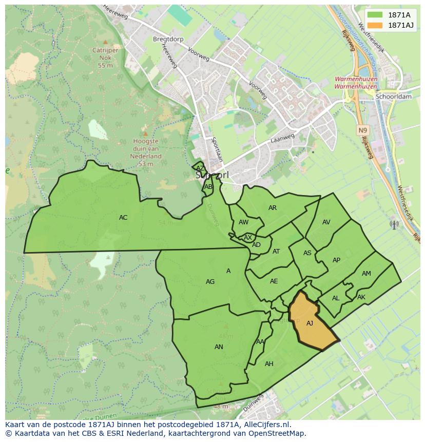 Afbeelding van het postcodegebied 1871 AJ op de kaart.