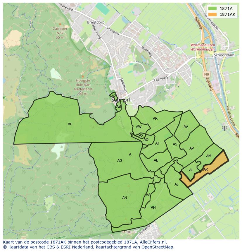 Afbeelding van het postcodegebied 1871 AK op de kaart.