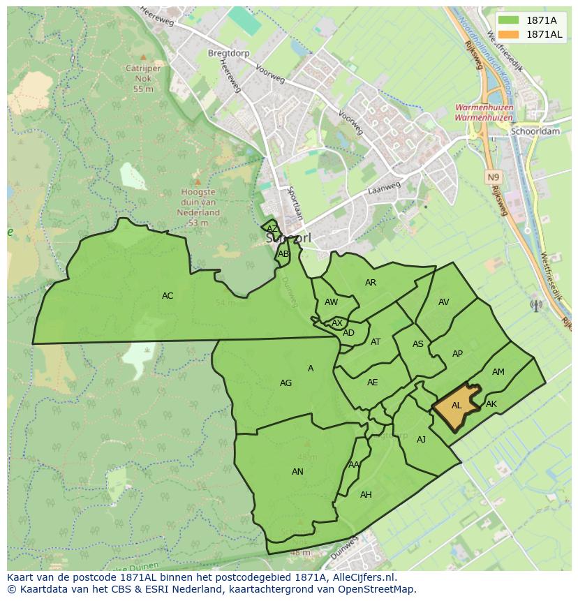 Afbeelding van het postcodegebied 1871 AL op de kaart.