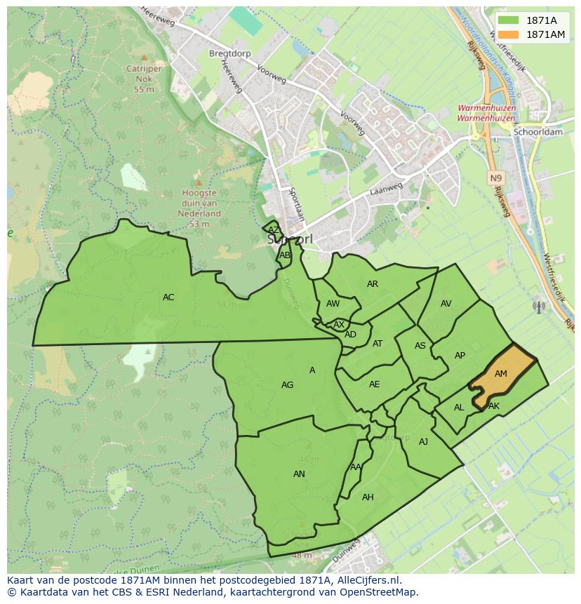 Afbeelding van het postcodegebied 1871 AM op de kaart.