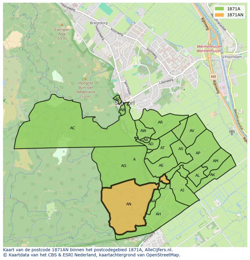 Afbeelding van het postcodegebied 1871 AN op de kaart.