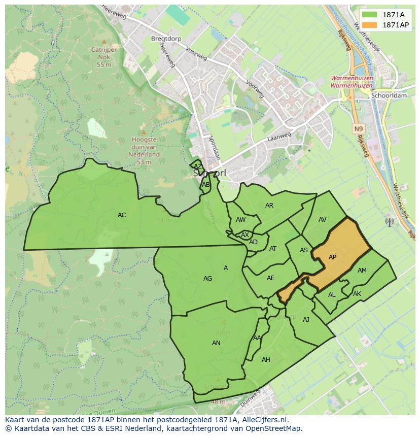 Afbeelding van het postcodegebied 1871 AP op de kaart.