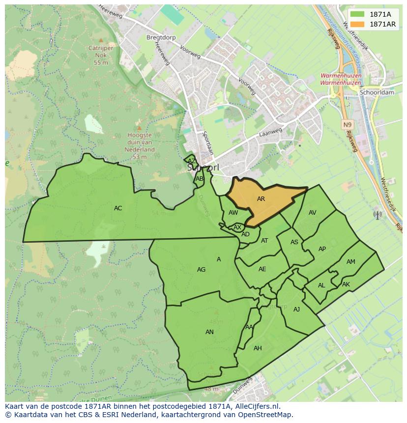 Afbeelding van het postcodegebied 1871 AR op de kaart.