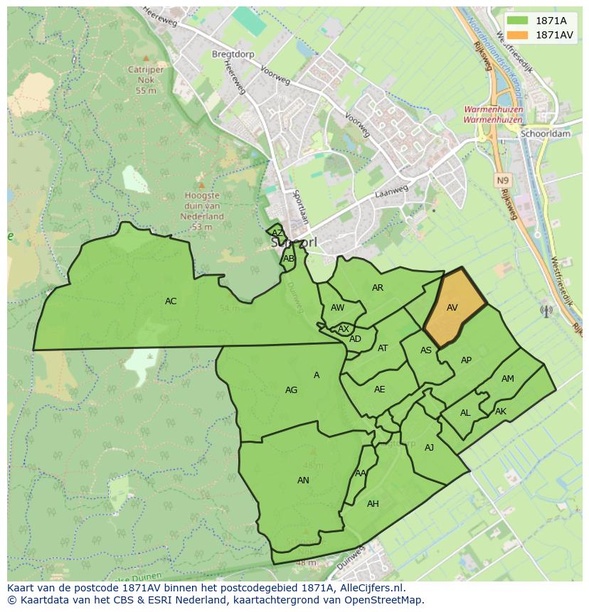 Afbeelding van het postcodegebied 1871 AV op de kaart.