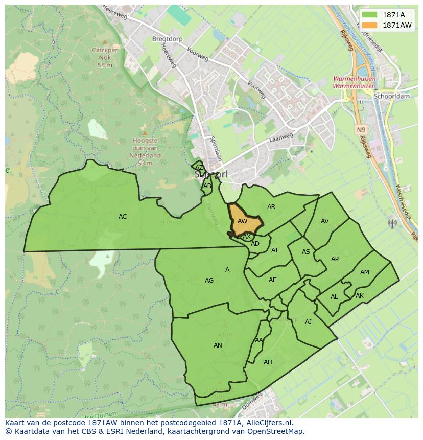 Afbeelding van het postcodegebied 1871 AW op de kaart.