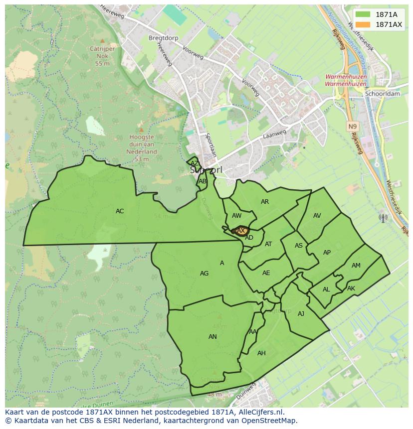 Afbeelding van het postcodegebied 1871 AX op de kaart.
