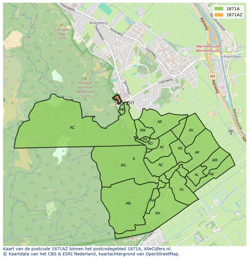 Afbeelding van het postcodegebied 1871 AZ op de kaart.