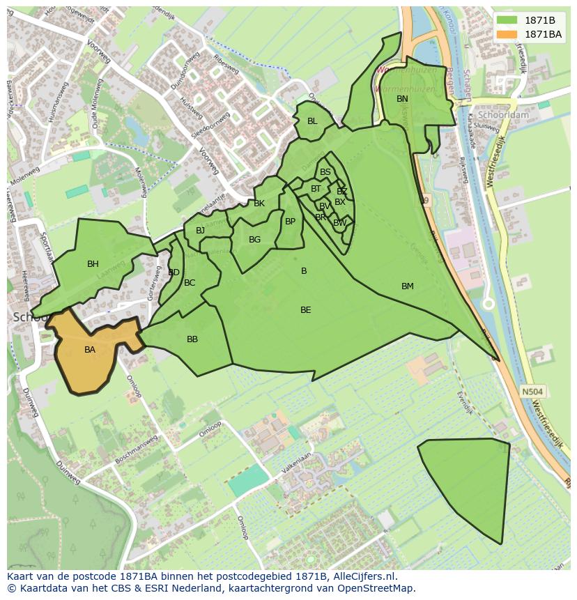Afbeelding van het postcodegebied 1871 BA op de kaart.