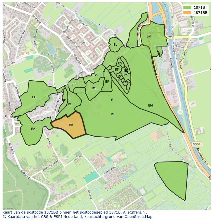 Afbeelding van het postcodegebied 1871 BB op de kaart.